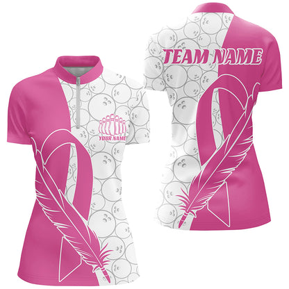 Feather Pink Ribbon Breast Cancer Custom Bowling Shirts For Women, Pink Bowling Jerseys IPHW6673