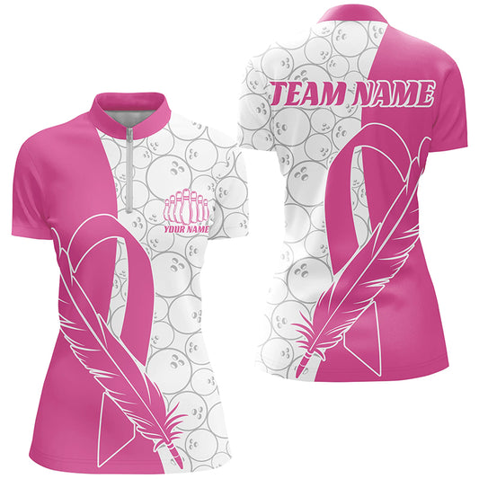 Feather Pink Ribbon Breast Cancer Custom Bowling Shirts For Women, Pink Bowling Jerseys IPHW6673