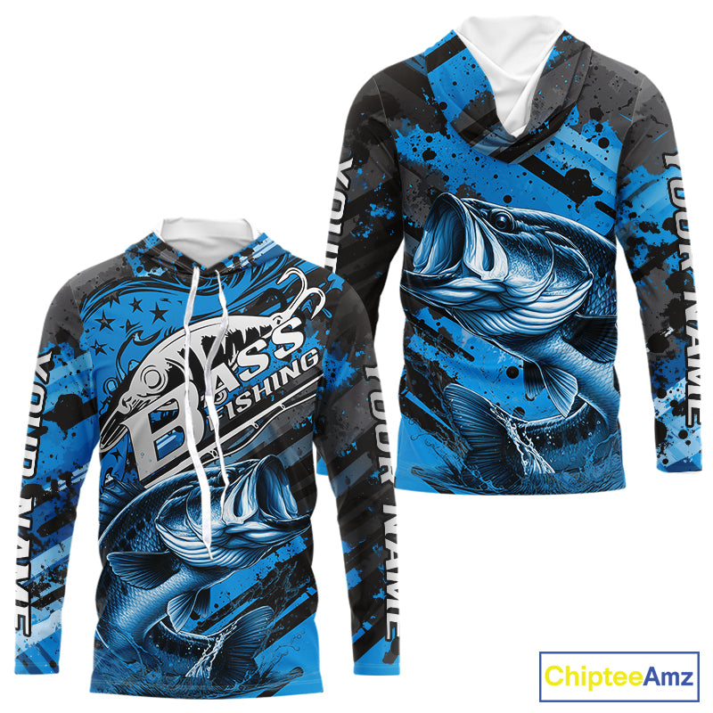 Custom Name Blue Camo Bass Fishing Jerseys, Largemouth Bass Long Sleeve Hooded Fishing Shirt IPHW9186