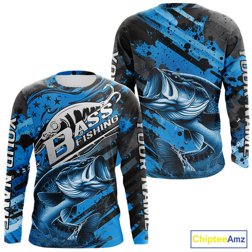 Custom Name Blue Camo Bass Fishing Jerseys, Largemouth Bass Long Sleeve Fishing Shirt IPHW9186