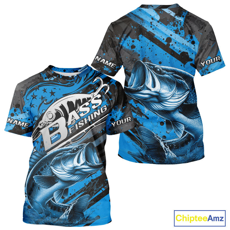 Custom Name Blue Camo Bass Fishing Jerseys, Largemouth Bass Fishing T-Shirt IPHW9186