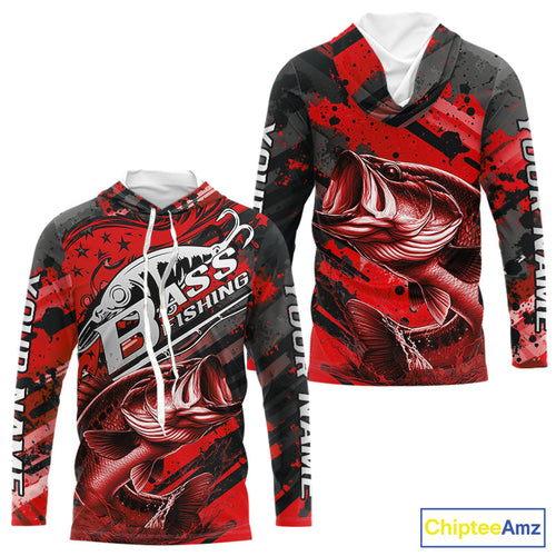 Custom Name Red Camo Bass Fishing Jerseys, Largemouth Bass Long Sleeve Hooded Fishing Shirt IPHW9187