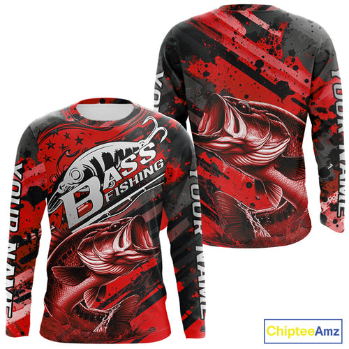 Custom Name Red Camo Bass Fishing Jerseys, Largemouth Bass Long Sleeve Fishing Shirt IPHW9187