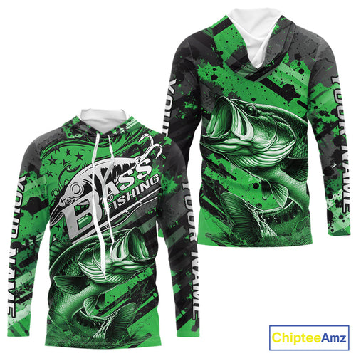 Custom Name Green Camo Bass Fishing Jerseys, Largemouth Bass Long Sleeve Hooded Fishing Shirt IPHW9188