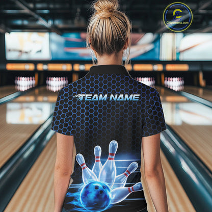 Custom Black And Blue Hexagon Flame Bowling Polo Shirts For Women, Bowling Team Shirt IPHW9389