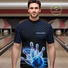Load image into Gallery viewer, Custom Black And Blue Hexagon Flame Bowling Quarter-Zip Shirts For Men, Bowling Team Shirt IPHW9389