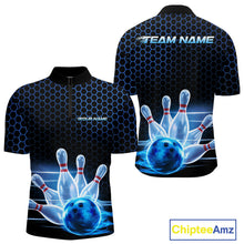 Load image into Gallery viewer, Custom Black And Blue Hexagon Flame Bowling Quarter-Zip Shirts For Men, Bowling Team Shirt IPHW9389
