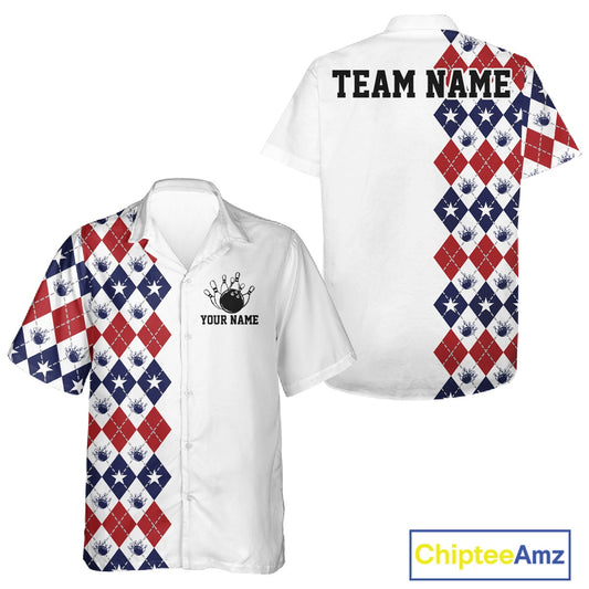 Custom Patriotic Argyle Pattern Bowling Team Men And Women Hawaiian Shirt, Retro Bowling Shirt IPHW11665