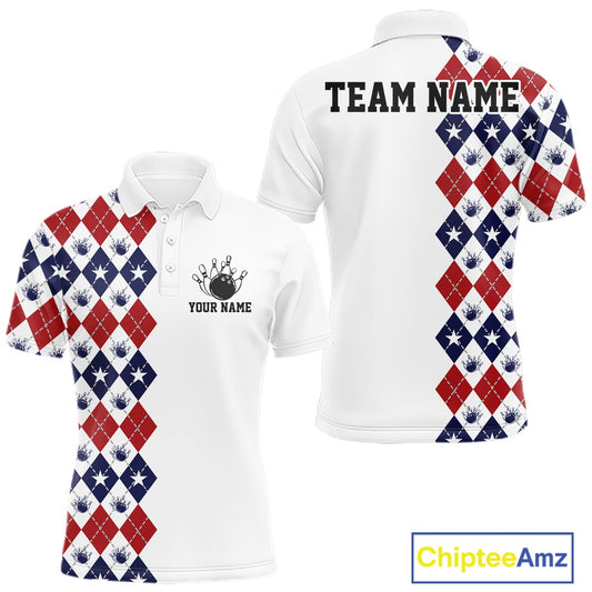 Custom Patriotic Argyle Pattern Bowling Team Men Polo Shirt, Retro Bowling Shirt IPHW11665
