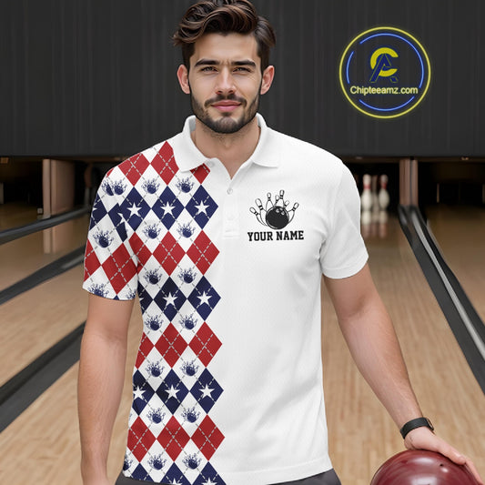 Custom Patriotic Argyle Pattern Bowling Team Men Polo Shirt, Retro Bowling Shirt IPHW11665