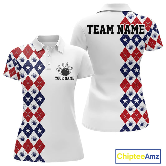 Custom Patriotic Argyle Pattern Bowling Team Women Polo Shirt, Retro Bowling Shirt IPHW11665