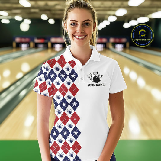 Custom Patriotic Argyle Pattern Bowling Team Women Polo Shirt, Retro Bowling Shirt IPHW11665