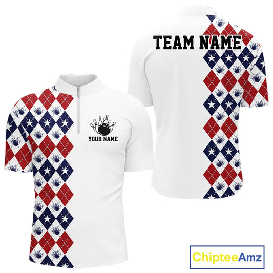 Custom Patriotic Argyle Pattern Bowling Team Men Quarter Zip Shirt, Retro Bowling Shirt IPHW11665