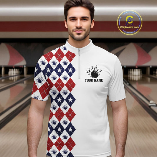Custom Patriotic Argyle Pattern Bowling Team Men Quarter Zip Shirt, Retro Bowling Shirt IPHW11665