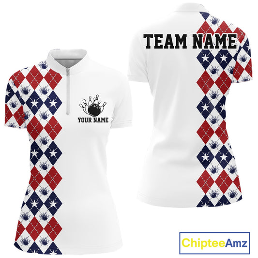 Custom Patriotic Argyle Pattern Bowling Women Quarter-Zip Shirt, Retro Bowling Shirt IPHW11665