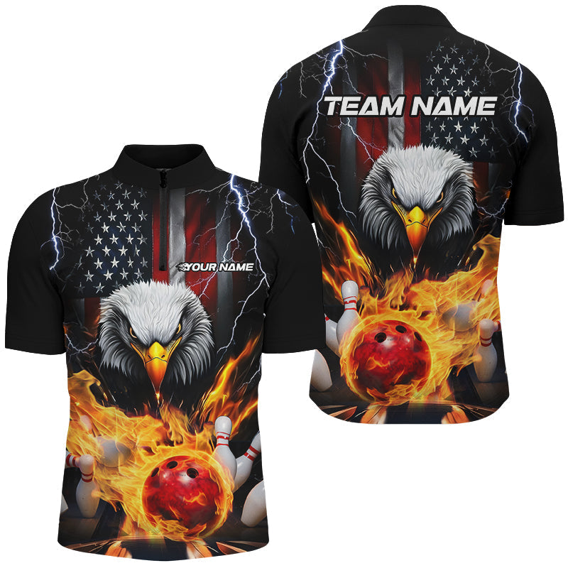 Thunder Lightning US Flag Custom Patriotic Bowling Shirts For Men, Flame Eagle Bowling Shirt IPHW7582