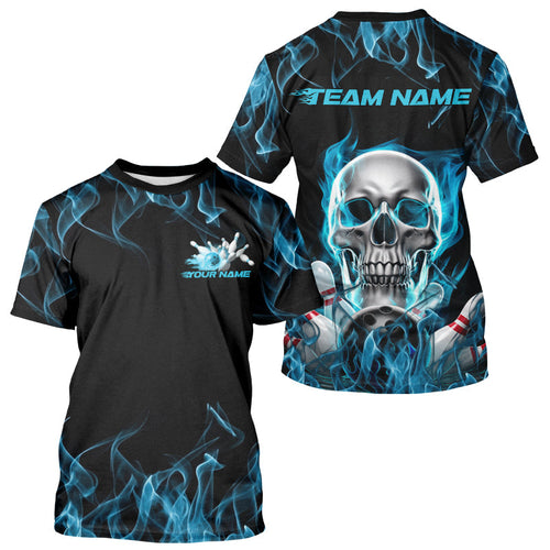 Custom Blue Flame Skull Bowling T-Shirts For Men, Halloween Bowling Tournament IPHW8221