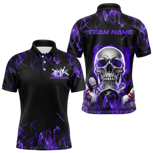 Custom Purple Flame Skull Bowling Polo Shirts For Men, Skull Bowling Tournament Shirt IPHW8222