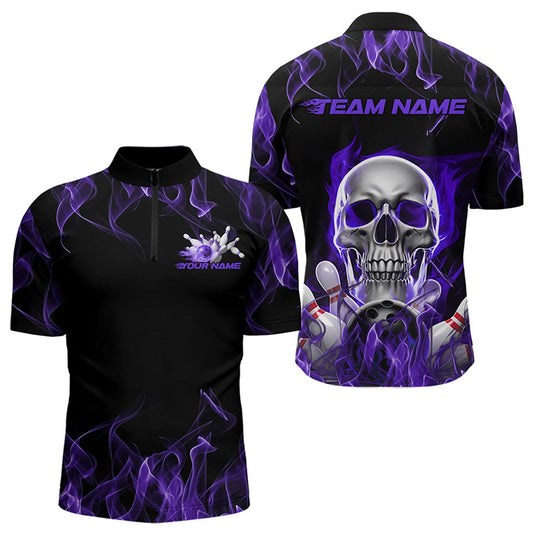 Custom Purple Flame Skull Bowling Quarter-Zip Shirts For Men, Skull Bowling Tournament Shirt IPHW8222
