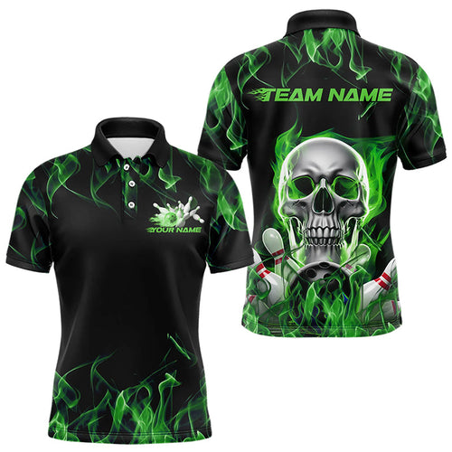 Custom Green Flame Skull Bowling Polo Shirts For Men, Skull Bowling Tournament Shirt IPHW8223
