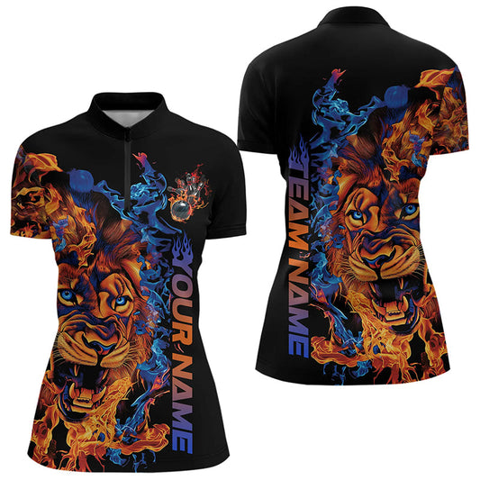 Blue And Orange Fire Custom Lion Ladies Bowling Quarter-Zip Shirt, Flame Bowling Team Shirt IPHW8227