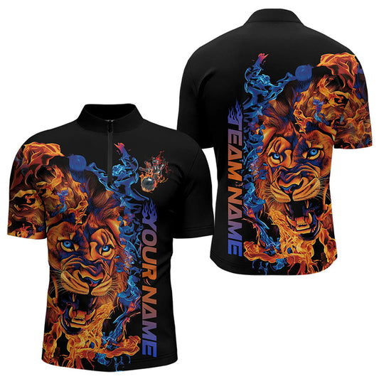 Blue And Orange Fire Custom Lion Bowling Quarter-Zip Shirts For Men, Flame Bowling Team Shirt IPHW8227