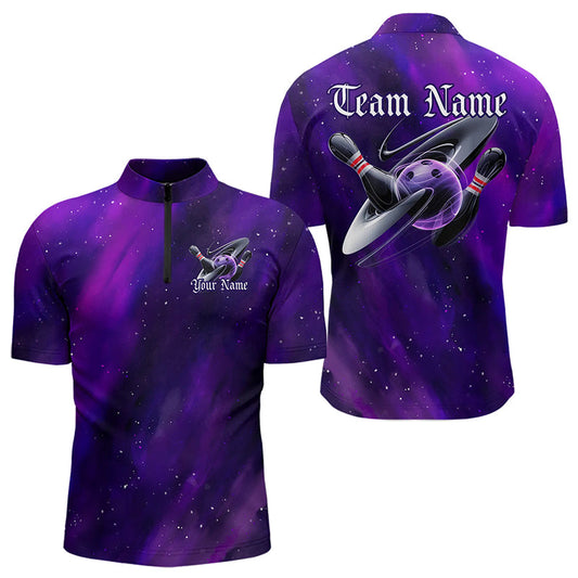Custom Purple Galaxy Bowling Quarter-Zip Shirts For Men, Team Bowling League Shirts With Name IPHW8234