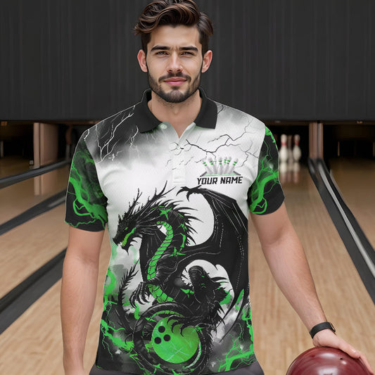 Black And Green Thunder Lightning Custom Dragon Bowling Men Polo Shirts, Bowling Uniform IPHW8696