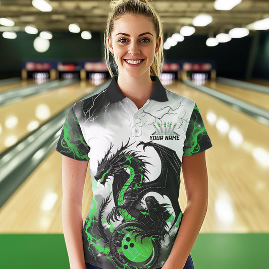 Black And Green Thunder Lightning Custom Dragon Bowling Women Polo Shirts, Bowling Uniform IPHW8696
