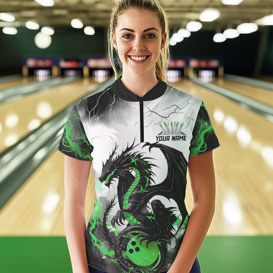 Black And Green Thunder Lightning Custom Dragon Bowling Women Quarter-Zip Shirts IPHW8696