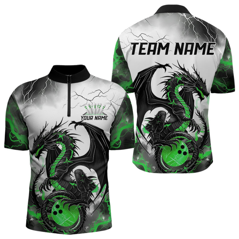 Black And Green Thunder Lightning Custom Dragon Bowling Men Quarter-Zip Shirts, Bowling Uniform IPHW8696
