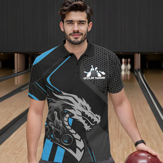 Custom Black And Blue Dragon Bowling Jerseys, Bowling Team Men Polo Shirts Bowlers Outfit IPHW8700