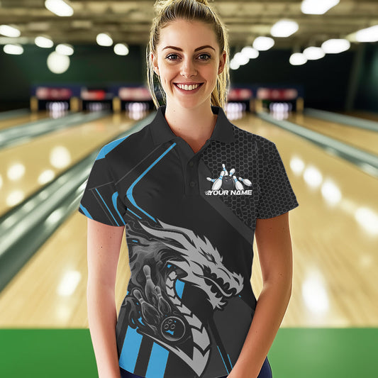 Custom Black And Blue Dragon Bowling Jerseys, Bowling Team Women Polo Shirts Bowlers Outfit IPHW8700
