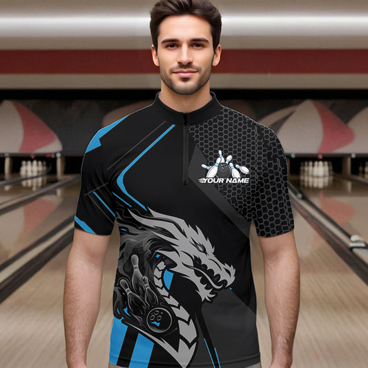 Custom Black And Blue Dragon Bowling Jerseys, Bowling Team Men Quarter-Zip Shirts Bowlers Outfit IPHW8700