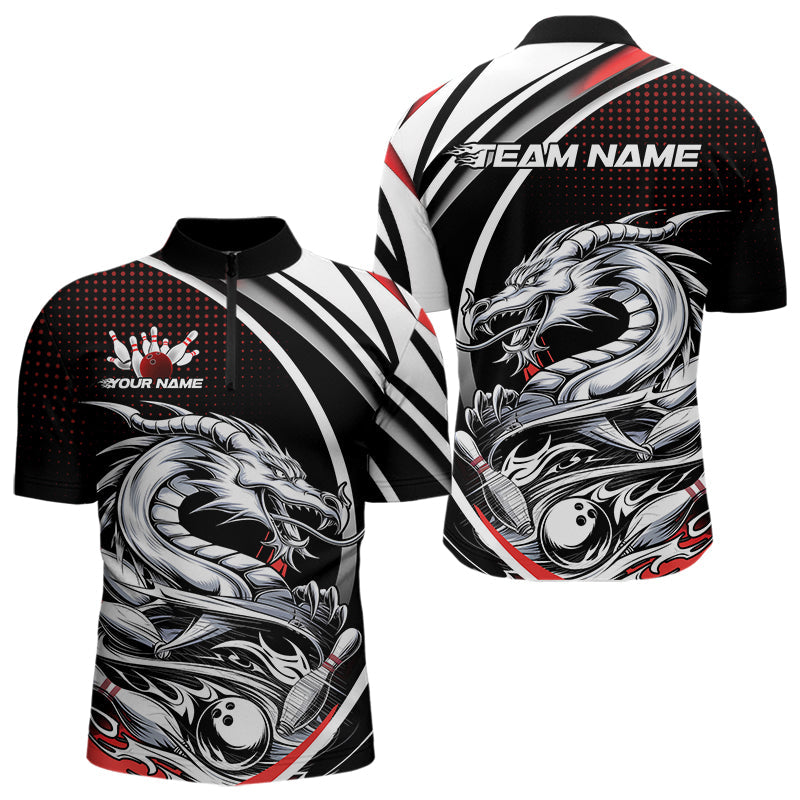 Custom Black And Red Dragon Bowling Team Quarter-Zip Shirts For Men, Dragon Bowling Jerseys IPHW8705