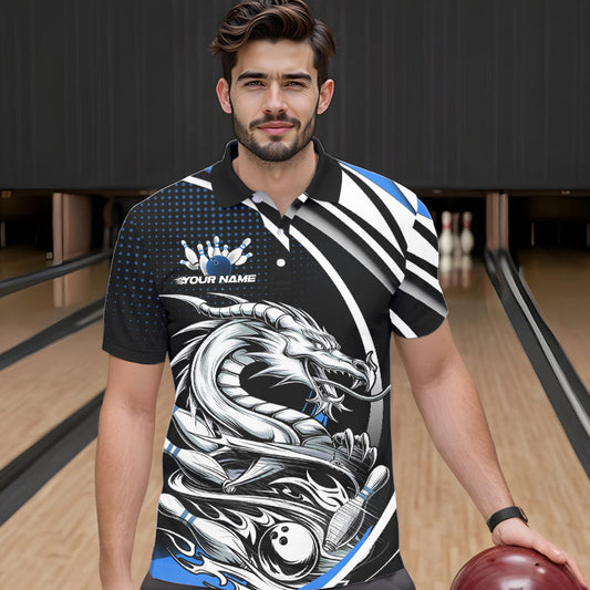 Custom Black And Blue Dragon Bowling Team Polo Shirts For Men, Dragon Bowling Jerseys IPHW8706