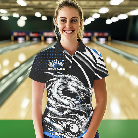 Custom Black And Blue Dragon Bowling Team Polo Shirts For Women, Dragon Bowling Jerseys IPHW8706