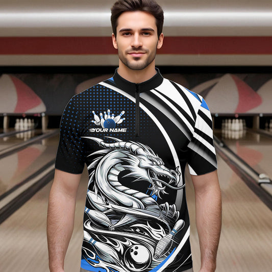 Custom Black And Blue Dragon Bowling Team Quarter-Zip Shirts For Men, Dragon Bowling Jerseys IPHW8706