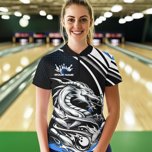 Custom Black And Blue Dragon Bowling Team Women Quarter-Zip Shirts, Dragon Bowling Jerseys IPHW8706