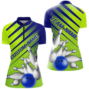 Blue And Green Strike Bowling Shirts For Women, Custom Name Bowling Team Jerseys IPHW6189