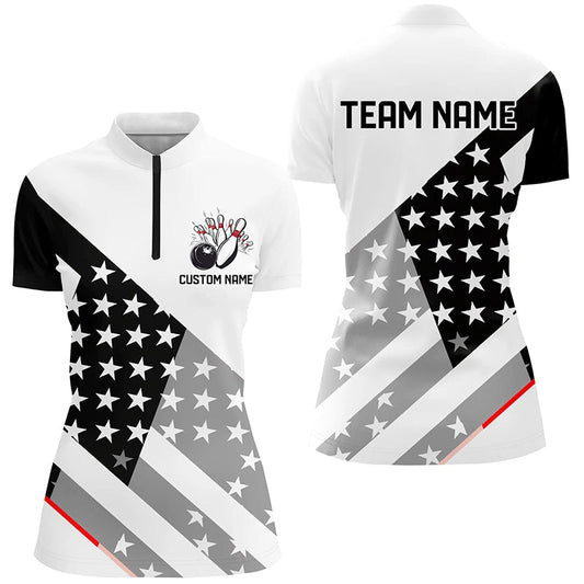 Custom Black And White American Flag Skull Bowling Shirts, Ladies Patriotic Bowling Jerseys IPHW6194