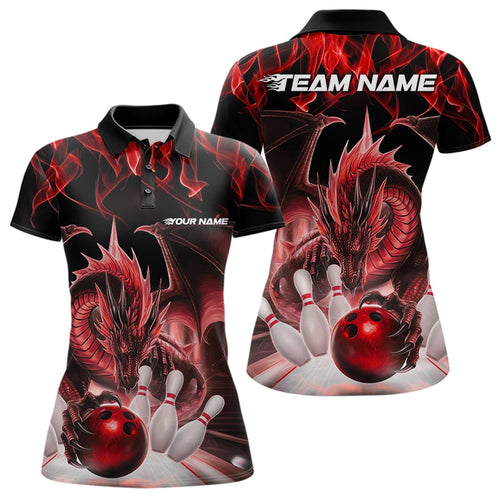 Custom Red Flame Dragon Bowling Polo Shirts For Women, Dragon Bowling Team Jerseys IPHW8960