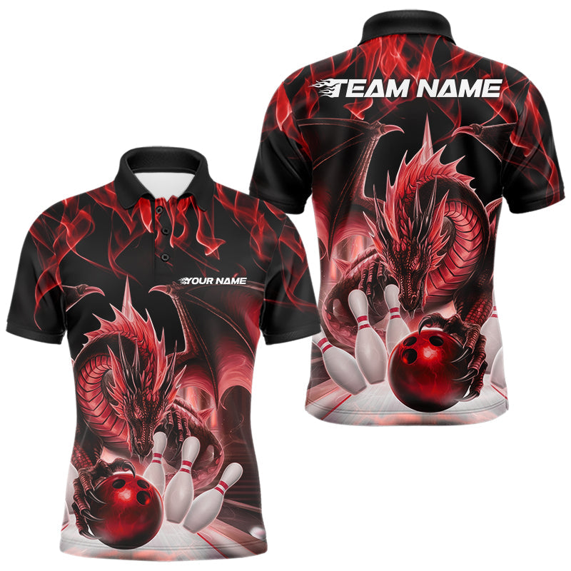 Custom Red Flame Dragon Bowling Polo Shirts For Men, Dragon Bowling Team Jerseys IPHW8960