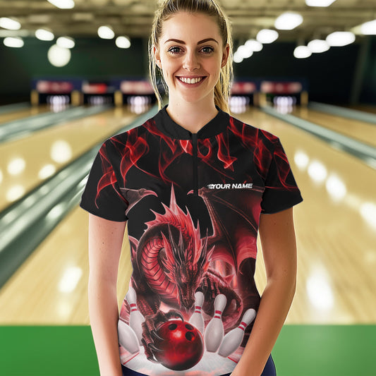 Custom Red Flame Dragon Bowling Quarter-Zip Shirts For Women, Dragon Bowling Team Jerseys IPHW8960