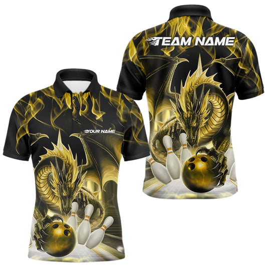 Custom Yellow Flame Dragon Bowling Polo Shirts For Men, Dragon Bowling Team Jerseys IPHW8962