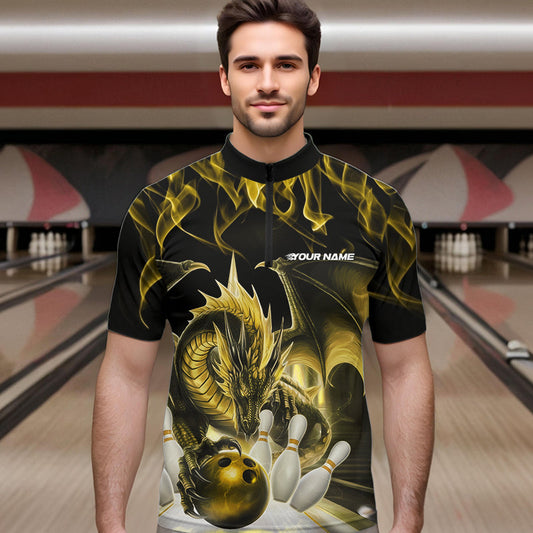 Custom Yellow Flame Dragon Bowling Quarter-Zip Shirts For Men, Dragon Bowling Team Jerseys IPHW8962