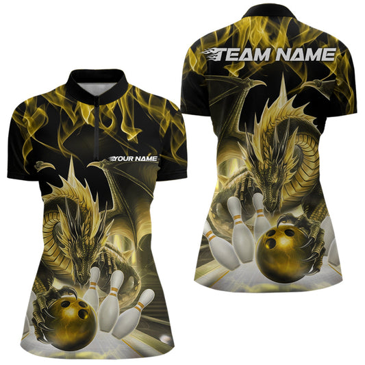 Custom Yellow Flame Dragon Bowling Women Quarter-Zip Shirts, Dragon Bowling Team Jerseys IPHW8962