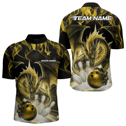 Custom Yellow Flame Dragon Bowling Quarter-Zip Shirts For Men, Dragon Bowling Team Jerseys IPHW8962