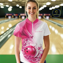 Load image into Gallery viewer, Custom Pink Butterfly Bowling Women Quarter-Zip Shirt, Ladies Bowling League Shirt IPHW11351