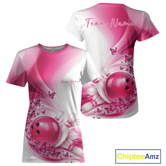 Custom Pink Butterfly Bowling Women T-Shirts, Ladies Bowling League IPHW11351